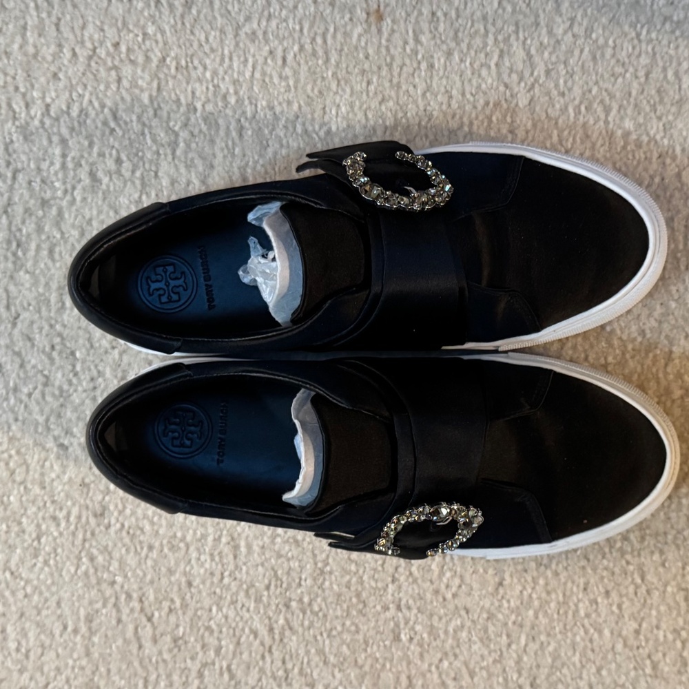 Tory Burch Greer Sneaker, Satin/Calf Leather/Rhinestoned Buckle, size 6.5